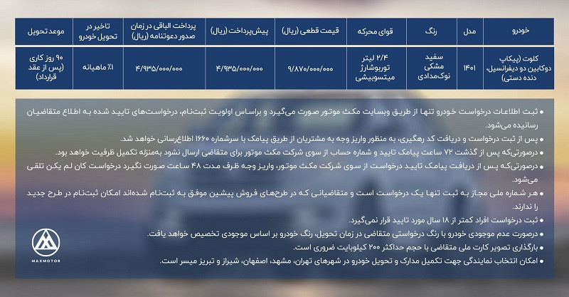 شرایط فروش کلوت مکث‌موتور با قیمت قطعی+ جدول